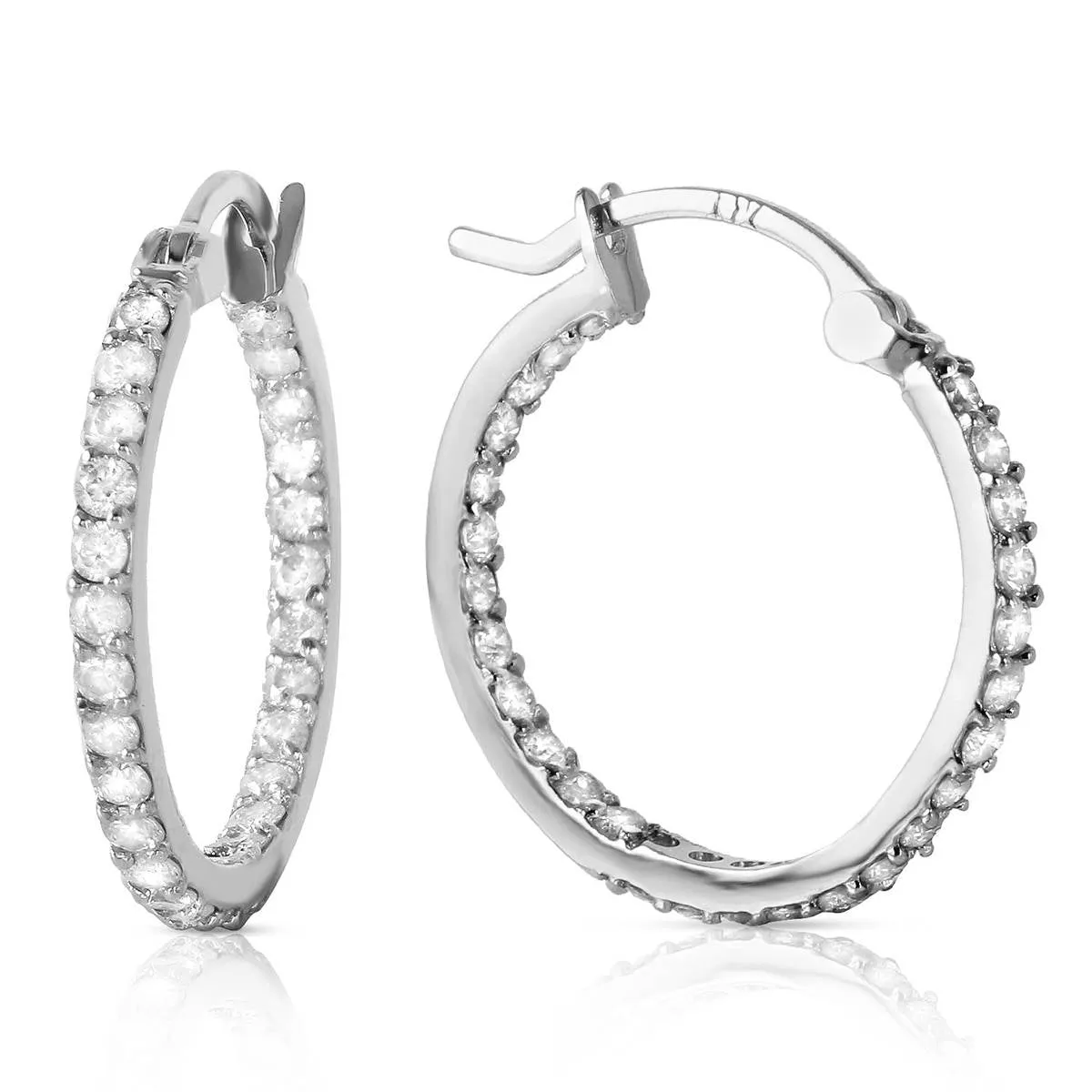 0.75 Carat 14K Solid White Gold Hoop Earrings Natural Diamond