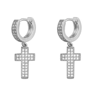 14K White Gold Coated Cross Drop Dangle Huggie Hoop Earrings  With Lab Dimonds
