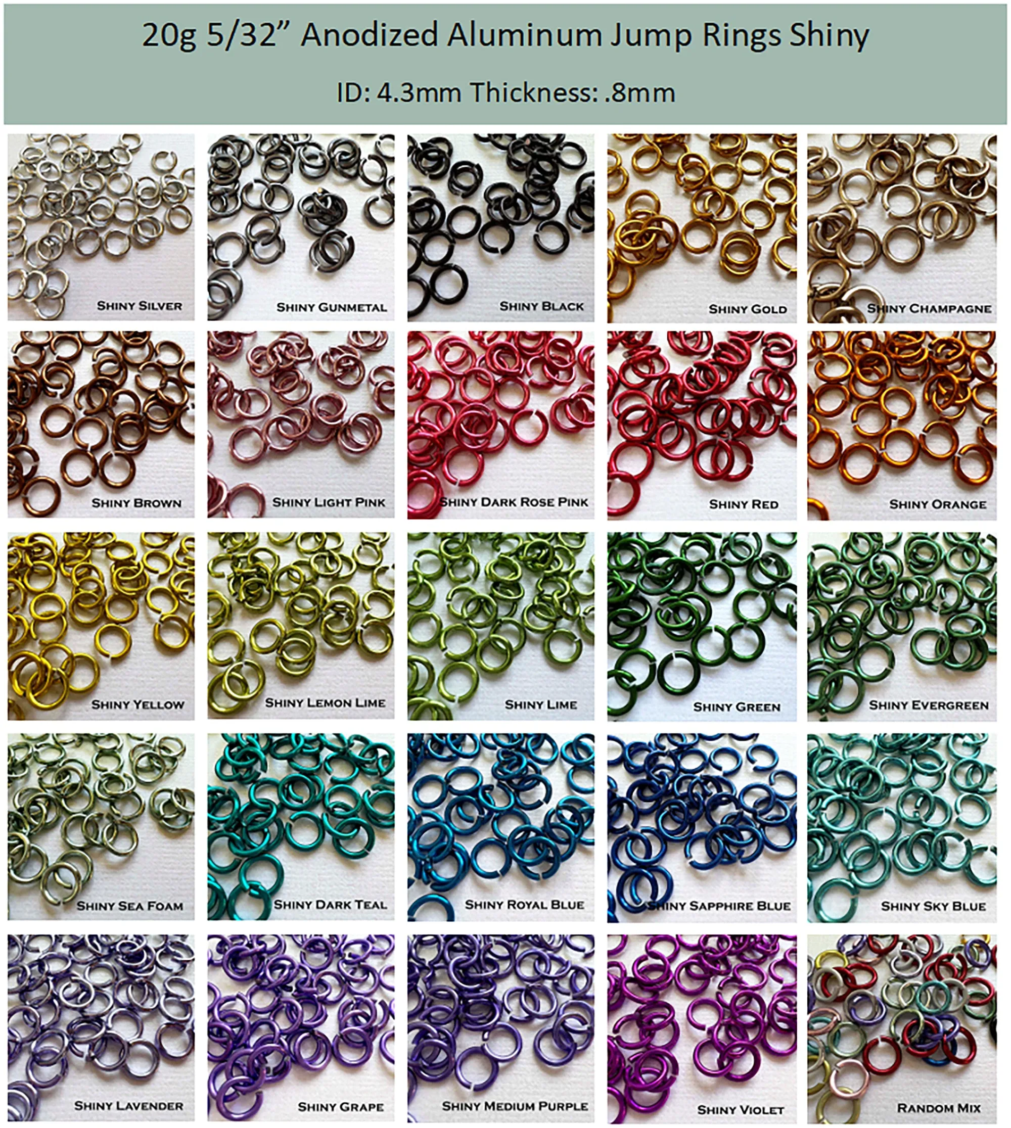 20g 5/32" Jump Rings AA SHINY (AWG) ID: 4.3mm- choose color & quantity