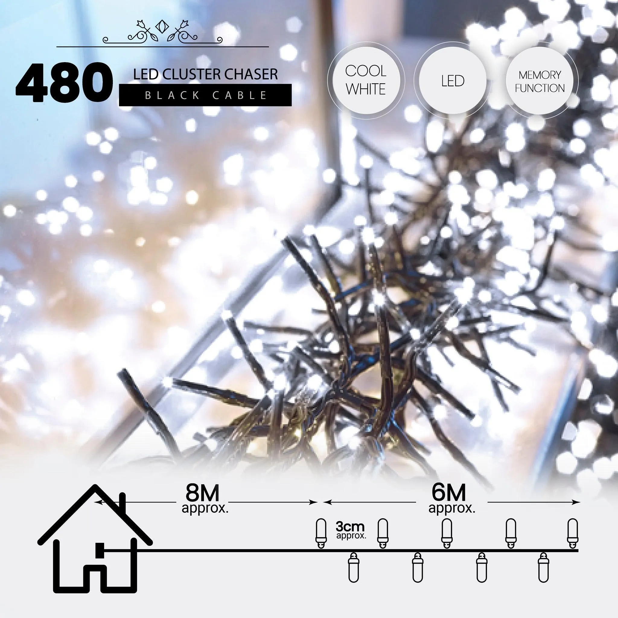 480 LED Cluster Lights Indoor/Outdoor - Cold White - 6m