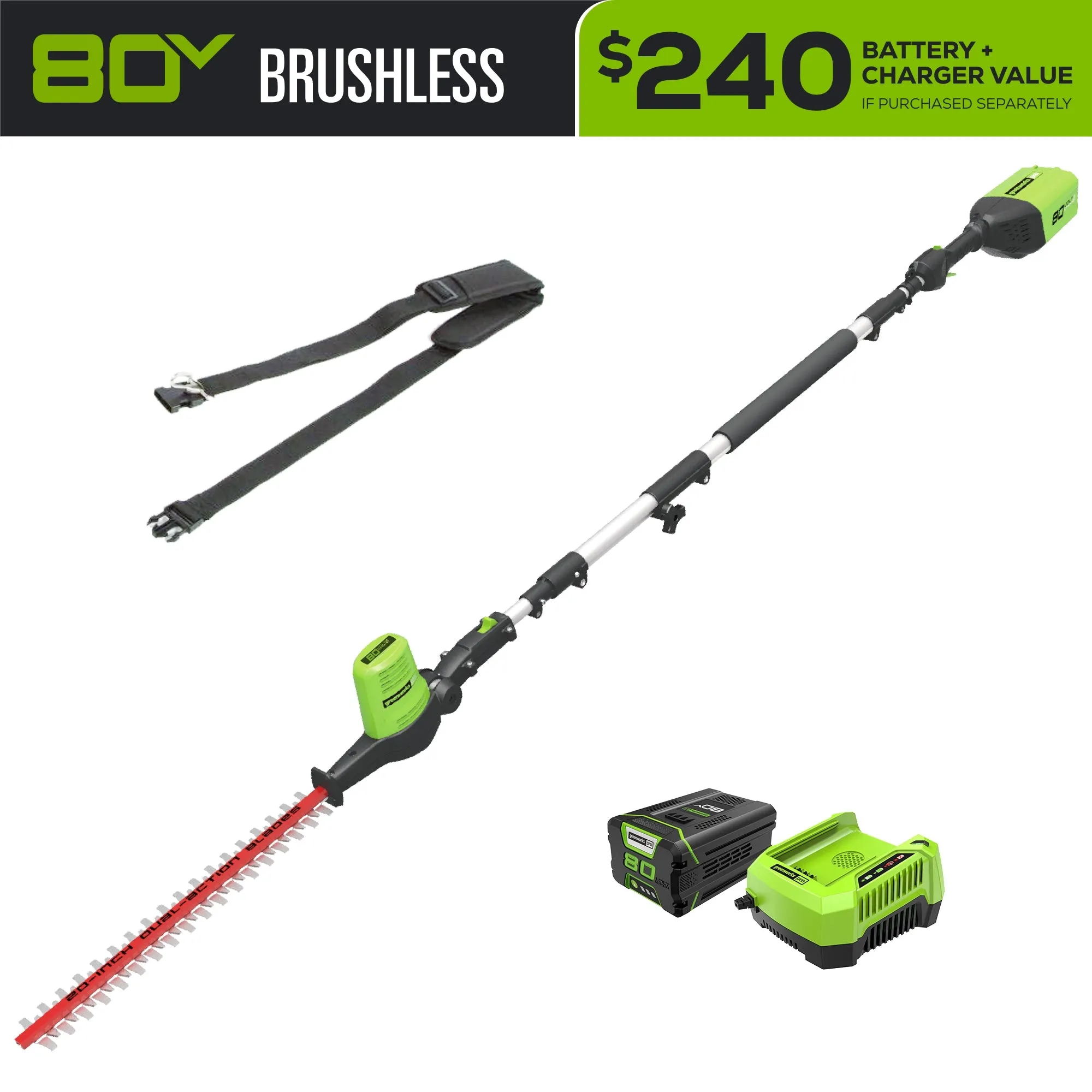 80V 20" Cordless Battery Pole Hedge Trimmer w/ 2.0Ah Battery & Charger