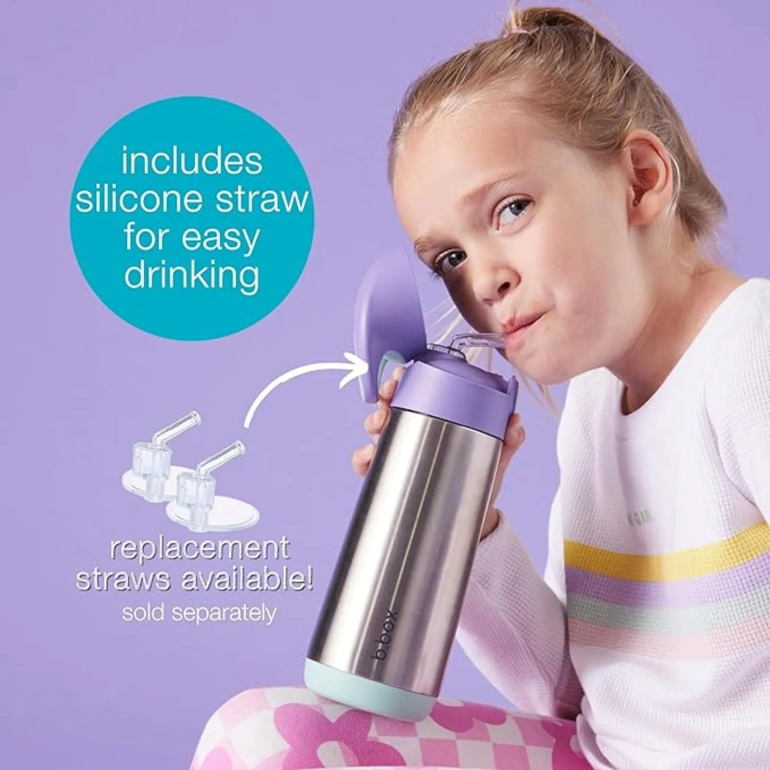 b.box Insulated Straw Sipper Drink Water Bottle 500ml- Lemon Sherbet Yellow Grey