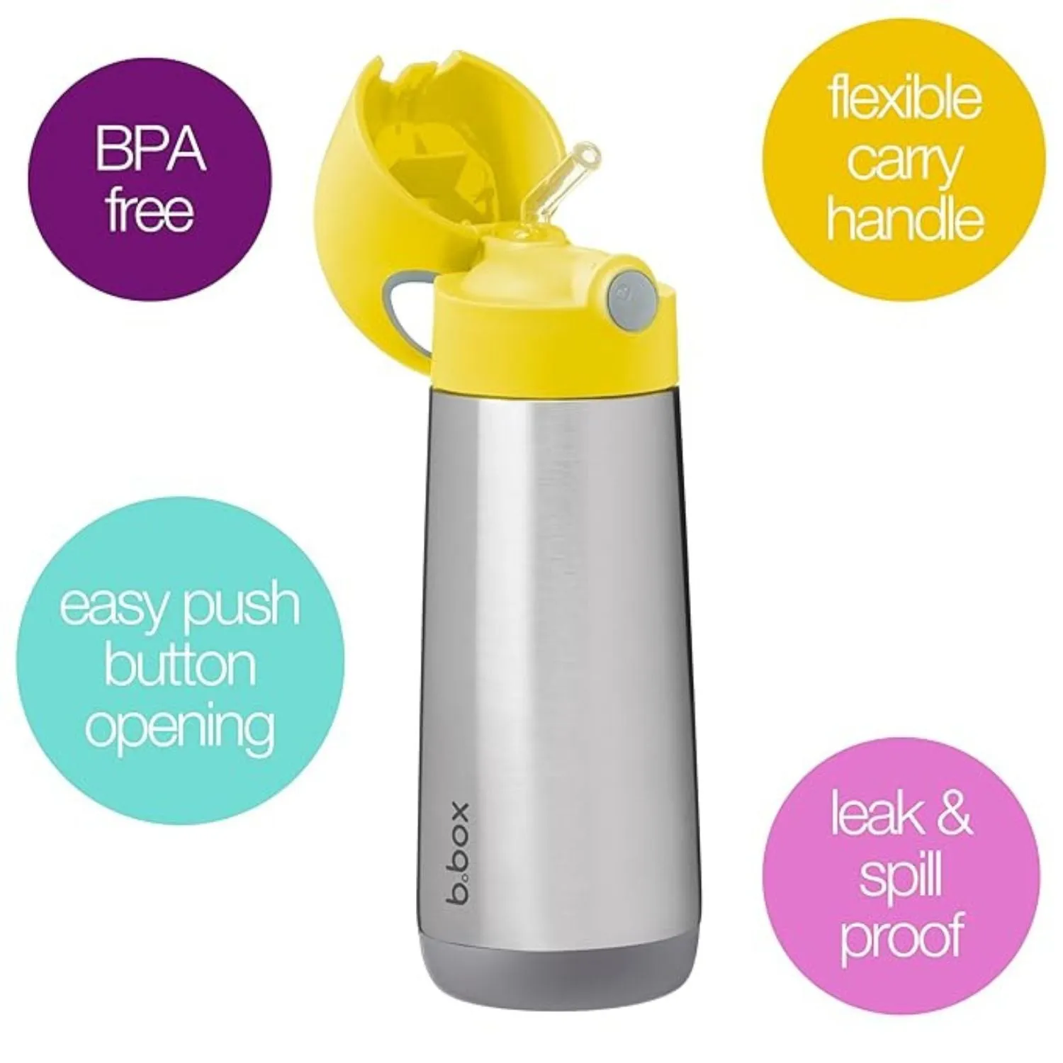 b.box Insulated Straw Sipper Drink Water Bottle 500ml- Lemon Sherbet Yellow Grey