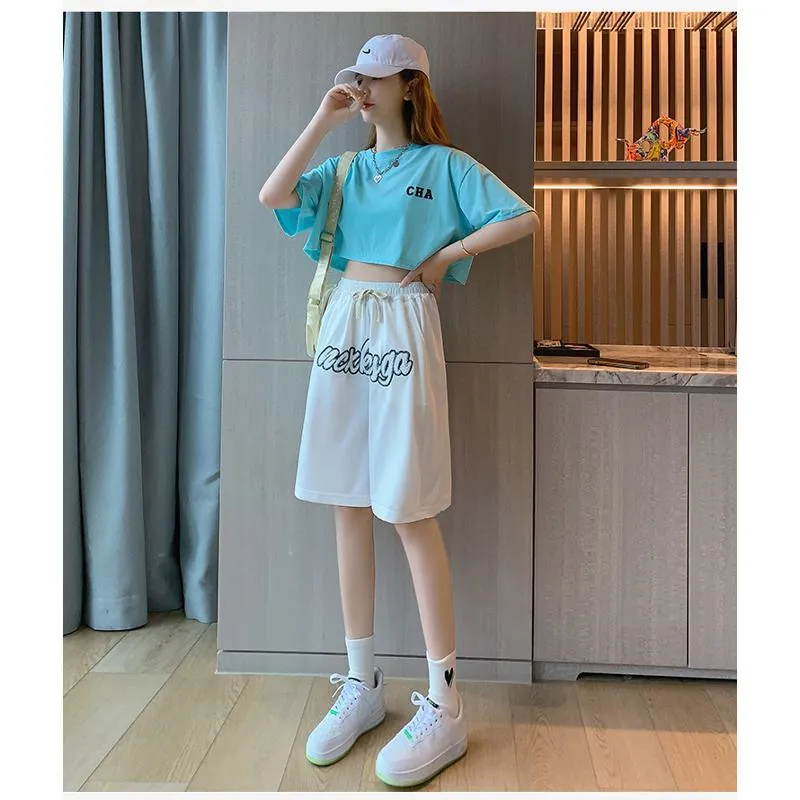 Casual Embroidery High-Waisted Letter Sports Shorts