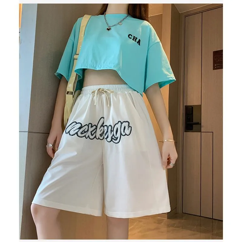 Casual Embroidery High-Waisted Letter Sports Shorts