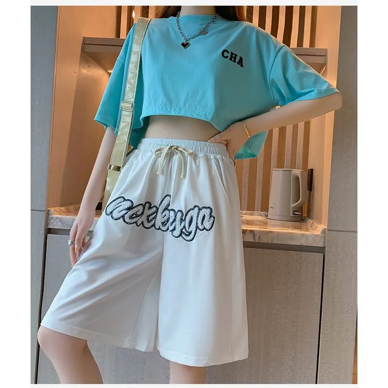 Casual Embroidery High-Waisted Letter Sports Shorts