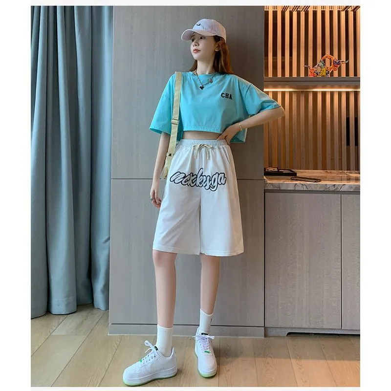 Casual Embroidery High-Waisted Letter Sports Shorts