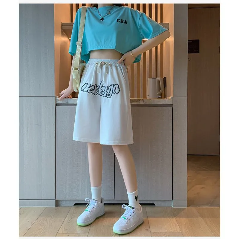 Casual Embroidery High-Waisted Letter Sports Shorts