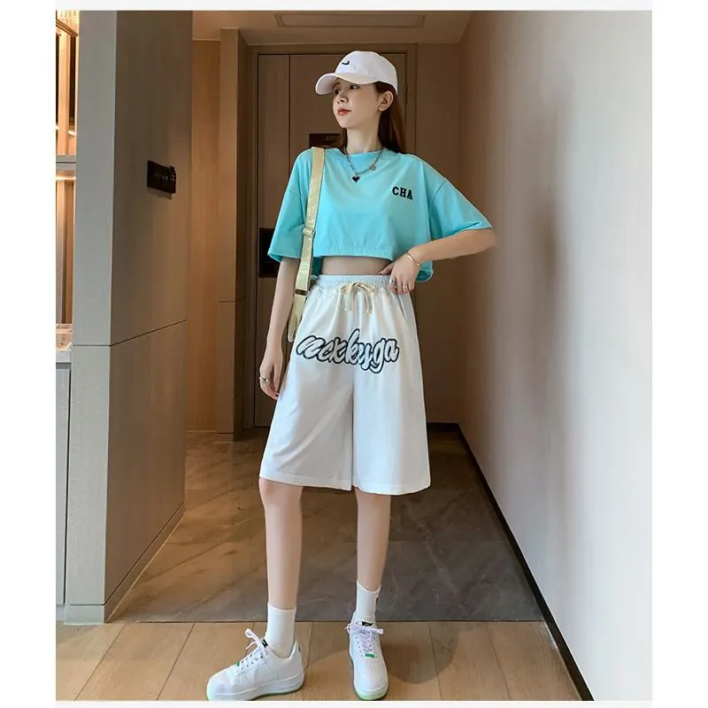 Casual Embroidery High-Waisted Letter Sports Shorts