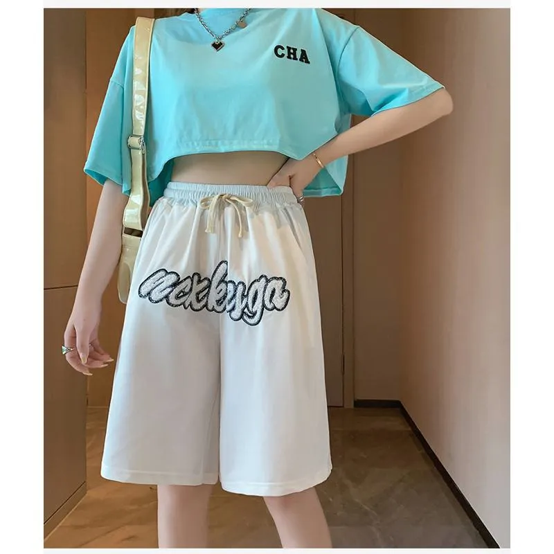 Casual Embroidery High-Waisted Letter Sports Shorts