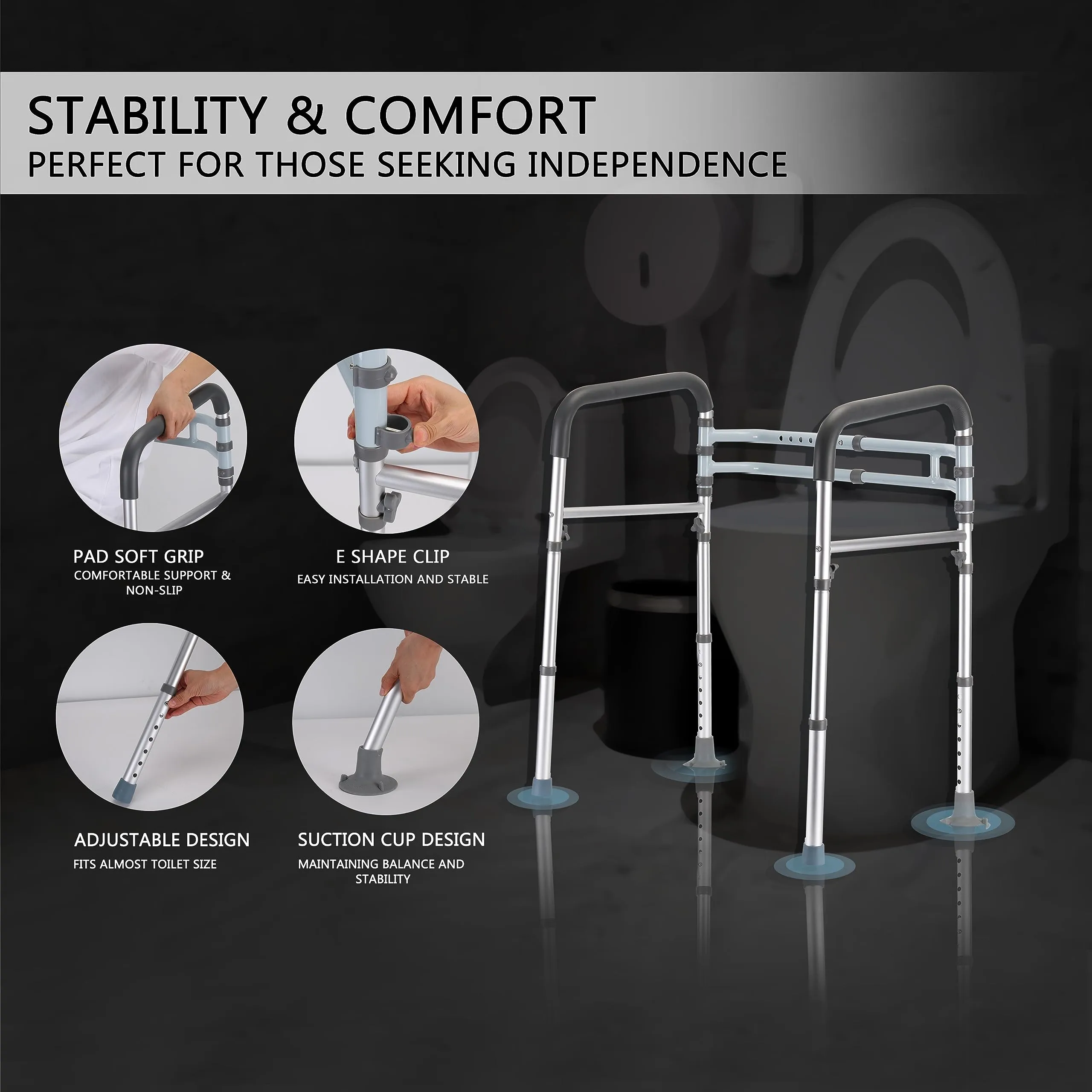 FSA/HSA Eligible Toilet Safety Rails, Adjustable Toilet Frame for Elderly, Seniors, Handicap & Disabled, Foldable Handicap Toilet Handles Fit Any Toilets (300 LB)