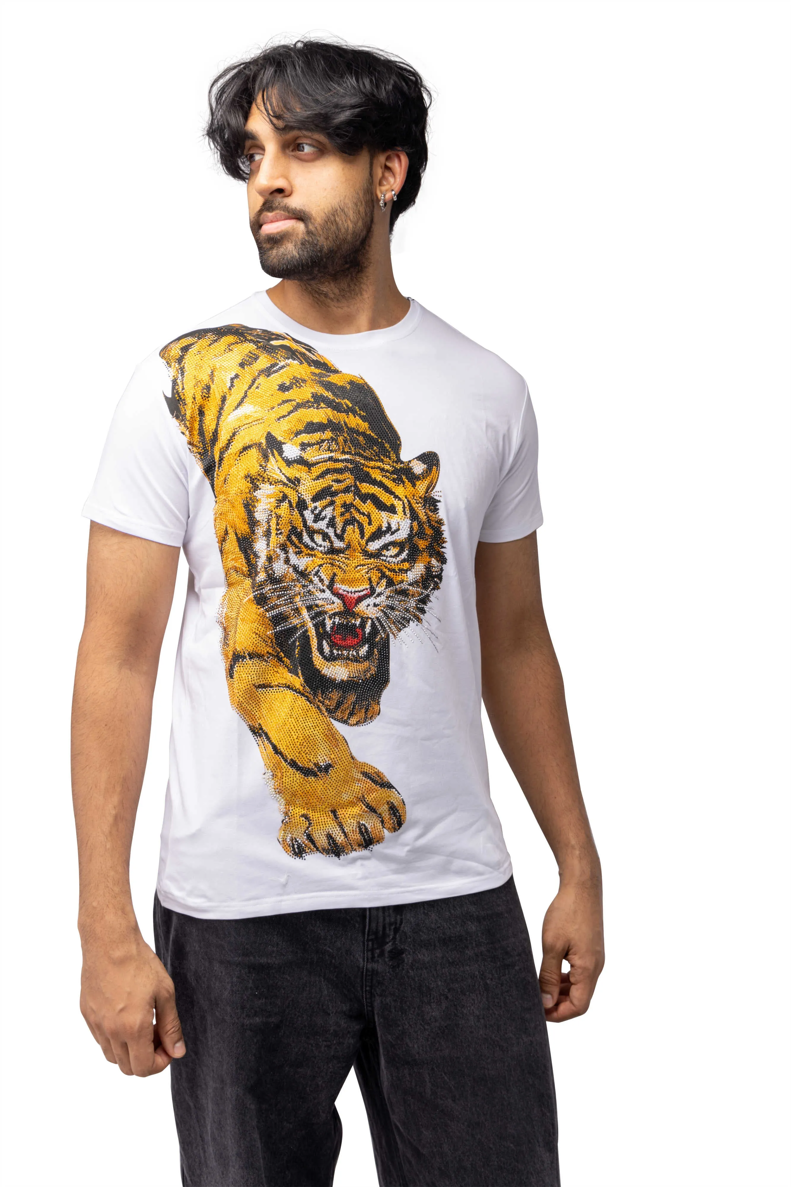 Heads or Tails Men's Slim Fit Crewneck Rhinestone Studded Graphic Printed T-Shirt Stone Tee Lion Crawl