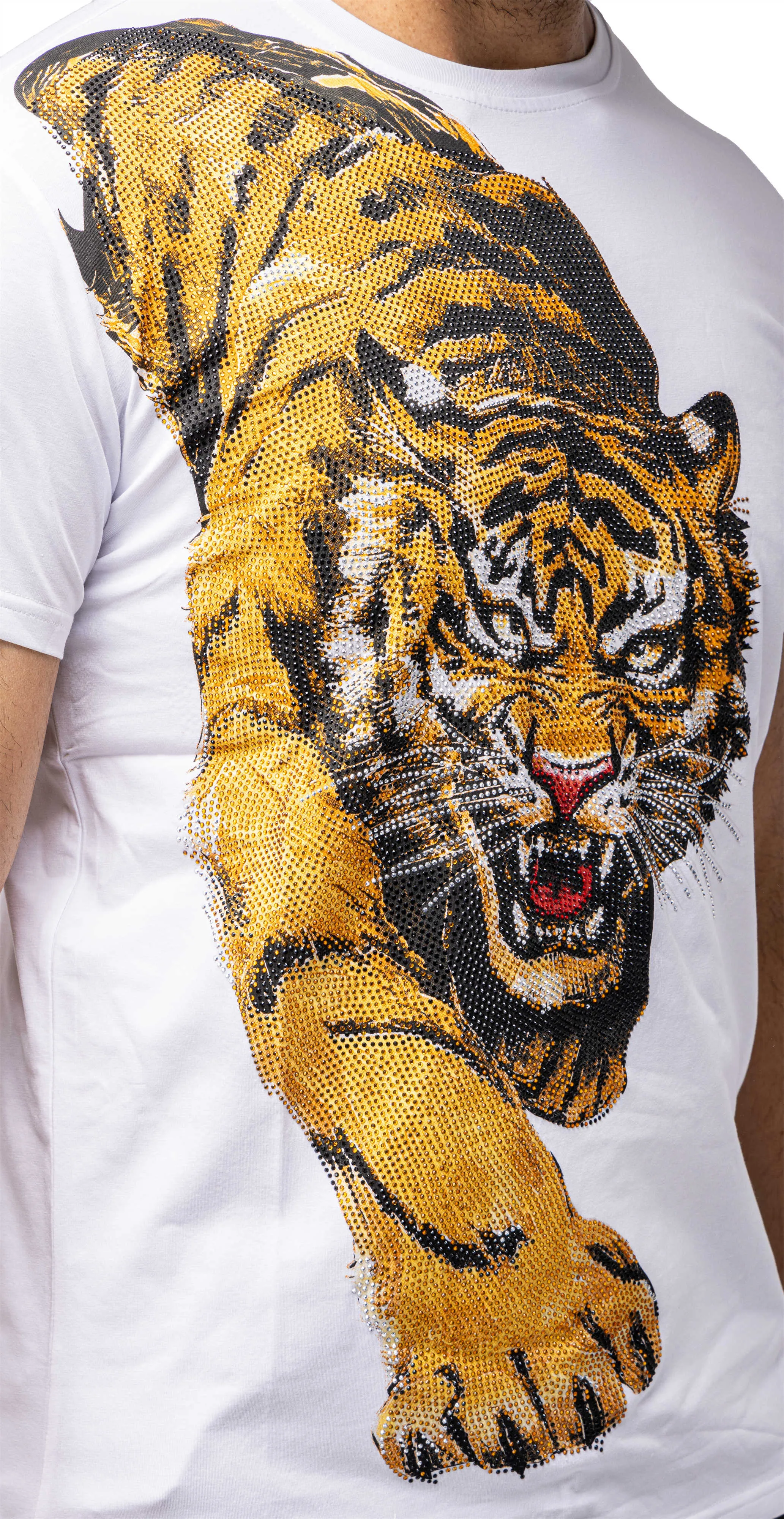 Heads or Tails Men's Slim Fit Crewneck Rhinestone Studded Graphic Printed T-Shirt Stone Tee Lion Crawl