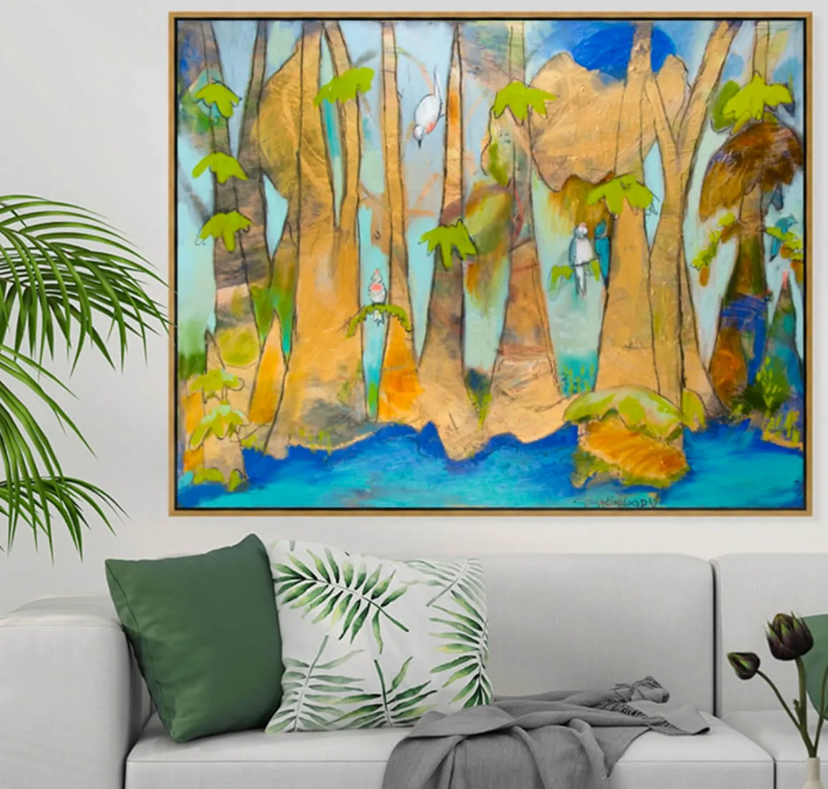 "Golden Bayou with Birds" Truffle Floating Frame (42x33")