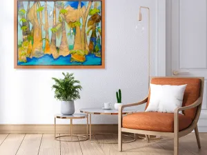 "Golden Bayou with Birds" Truffle Floating Frame (42x33")