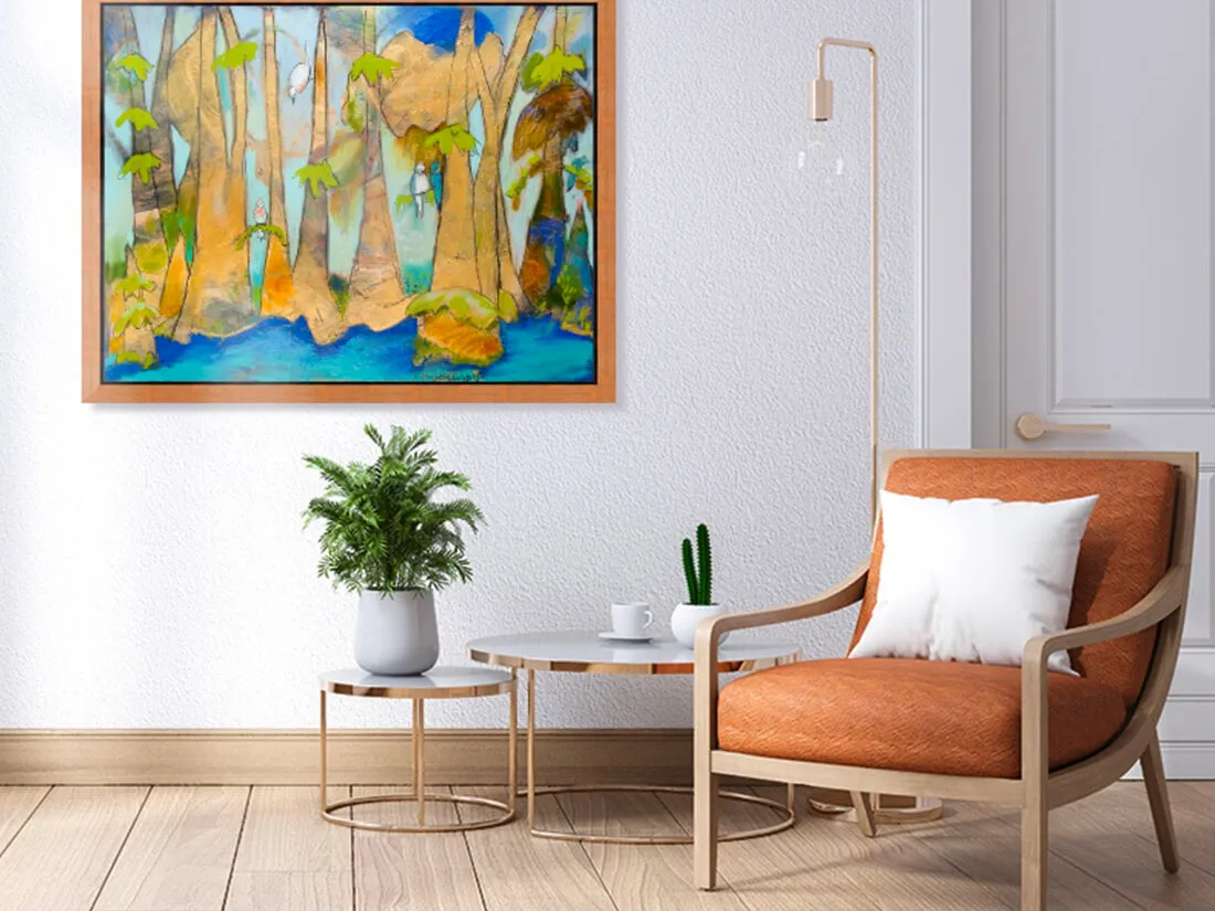 "Golden Bayou with Birds" Truffle Floating Frame (42x33")
